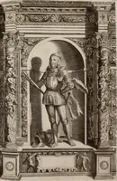 An illustration from Augustissimorum imperatorum, serenissimorum regum, atque archiducum, illustrissimorum principum, necnon comitum, baronum, nobilium, aliorumq[ue] clarissimorum virorum, qui aut ipsi cum imperio bellorum duces fuerunt, aut in iisdem præfecturis insignioribus laudabiliter functi sunt, verissimæ imagines, & rerum ab ipsis domi, forisq[ue] gestarum succinctæ descriptiones. Quorum arma, aut integra, aut horum partes, quibus induti, vsique aduersus hostem heroica facinora patrarunt, aut quorum auspiciis tàm prospera quàm aduersa fortuna res magnæ gestæ sunt, à serenissimo principe Ferdinando, archiduce Austriæ, duce Burgundiæ, comte Habspurgi & Tyrolis &c. ex omnibus ferè orbis terrarum prouinciis partim conquista, partim ab illorum hæredibus & successoribus transmissa, in celebri Ambrosianæ arcis armamentario, à sua serenitate non procul ciutate Oenipontana extructo, conspiciuntur (1601)
