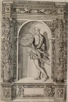 An illustration from Augustissimorum imperatorum, serenissimorum regum, atque archiducum, illustrissimorum principum, necnon comitum, baronum, nobilium, aliorumq[ue] clarissimorum virorum, qui aut ipsi cum imperio bellorum duces fuerunt, aut in iisdem præfecturis insignioribus laudabiliter functi sunt, verissimæ imagines, & rerum ab ipsis domi, forisq[ue] gestarum succinctæ descriptiones. Quorum arma, aut integra, aut horum partes, quibus induti, vsique aduersus hostem heroica facinora patrarunt, aut quorum auspiciis tàm prospera quàm aduersa fortuna res magnæ gestæ sunt, à serenissimo principe Ferdinando, archiduce Austriæ, duce Burgundiæ, comte Habspurgi & Tyrolis &c. ex omnibus ferè orbis terrarum prouinciis partim conquista, partim ab illorum hæredibus & successoribus transmissa, in celebri Ambrosianæ arcis armamentario, à sua serenitate non procul ciutate Oenipontana extructo, conspiciuntur (1601)