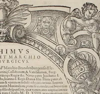 Picture 160 of 262 from Augustissimorum imperatorum, serenissimorum regum, atque archiducum, illustrissimorum principum, necnon comitum, baronum, nobilium, aliorumq[ue] clarissimorum virorum, qui aut ipsi cum imperio bellorum duces fuerunt, aut in iisdem præfecturis insignioribus laudabiliter functi sunt, verissimæ imagines, & rerum ab ipsis domi, forisq[ue] gestarum succinctæ descriptiones. Quorum arma, aut integra, aut horum partes, quibus induti, vsique aduersus hostem heroica facinora patrarunt, aut quorum auspiciis tàm prospera quàm aduersa fortuna res magnæ gestæ sunt, à serenissimo principe Ferdinando, archiduce Austriæ, duce Burgundiæ, comte Habspurgi & Tyrolis &c. ex omnibus ferè orbis terrarum prouinciis partim conquista, partim ab illorum hæredibus & successoribus transmissa, in celebri Ambrosianæ arcis armamentario, à sua serenitate non procul ciutate Oenipontana extructo, conspiciuntur (1601), leaf 157