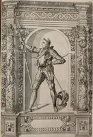 Picture 182 of 262 from Augustissimorum imperatorum, serenissimorum regum, atque archiducum, illustrissimorum principum, necnon comitum, baronum, nobilium, aliorumq[ue] clarissimorum virorum, qui aut ipsi cum imperio bellorum duces fuerunt, aut in iisdem præfecturis insignioribus laudabiliter functi sunt, verissimæ imagines, & rerum ab ipsis domi, forisq[ue] gestarum succinctæ descriptiones. Quorum arma, aut integra, aut horum partes, quibus induti, vsique aduersus hostem heroica facinora patrarunt, aut quorum auspiciis tàm prospera quàm aduersa fortuna res magnæ gestæ sunt, à serenissimo principe Ferdinando, archiduce Austriæ, duce Burgundiæ, comte Habspurgi & Tyrolis &c. ex omnibus ferè orbis terrarum prouinciis partim conquista, partim ab illorum hæredibus & successoribus transmissa, in celebri Ambrosianæ arcis armamentario, à sua serenitate non procul ciutate Oenipontana extructo, conspiciuntur (1601), leaf 178