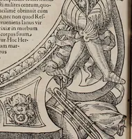 Picture 233 of 262 from Augustissimorum imperatorum, serenissimorum regum, atque archiducum, illustrissimorum principum, necnon comitum, baronum, nobilium, aliorumq[ue] clarissimorum virorum, qui aut ipsi cum imperio bellorum duces fuerunt, aut in iisdem præfecturis insignioribus laudabiliter functi sunt, verissimæ imagines, & rerum ab ipsis domi, forisq[ue] gestarum succinctæ descriptiones. Quorum arma, aut integra, aut horum partes, quibus induti, vsique aduersus hostem heroica facinora patrarunt, aut quorum auspiciis tàm prospera quàm aduersa fortuna res magnæ gestæ sunt, à serenissimo principe Ferdinando, archiduce Austriæ, duce Burgundiæ, comte Habspurgi & Tyrolis &c. ex omnibus ferè orbis terrarum prouinciis partim conquista, partim ab illorum hæredibus & successoribus transmissa, in celebri Ambrosianæ arcis armamentario, à sua serenitate non procul ciutate Oenipontana extructo, conspiciuntur (1601), leaf 233
