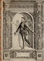 An illustration from Augustissimorum imperatorum, serenissimorum regum, atque archiducum, illustrissimorum principum, necnon comitum, baronum, nobilium, aliorumq[ue] clarissimorum virorum, qui aut ipsi cum imperio bellorum duces fuerunt, aut in iisdem præfecturis insignioribus laudabiliter functi sunt, verissimæ imagines, & rerum ab ipsis domi, forisq[ue] gestarum succinctæ descriptiones. Quorum arma, aut integra, aut horum partes, quibus induti, vsique aduersus hostem heroica facinora patrarunt, aut quorum auspiciis tàm prospera quàm aduersa fortuna res magnæ gestæ sunt, à serenissimo principe Ferdinando, archiduce Austriæ, duce Burgundiæ, comte Habspurgi & Tyrolis &c. ex omnibus ferè orbis terrarum prouinciis partim conquista, partim ab illorum hæredibus & successoribus transmissa, in celebri Ambrosianæ arcis armamentario, à sua serenitate non procul ciutate Oenipontana extructo, conspiciuntur (1601)