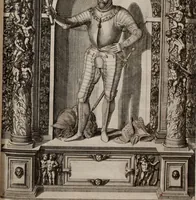 Picture 78 of 262 from Augustissimorum imperatorum, serenissimorum regum, atque archiducum, illustrissimorum principum, necnon comitum, baronum, nobilium, aliorumq[ue] clarissimorum virorum, qui aut ipsi cum imperio bellorum duces fuerunt, aut in iisdem præfecturis insignioribus laudabiliter functi sunt, verissimæ imagines, & rerum ab ipsis domi, forisq[ue] gestarum succinctæ descriptiones. Quorum arma, aut integra, aut horum partes, quibus induti, vsique aduersus hostem heroica facinora patrarunt, aut quorum auspiciis tàm prospera quàm aduersa fortuna res magnæ gestæ sunt, à serenissimo principe Ferdinando, archiduce Austriæ, duce Burgundiæ, comte Habspurgi & Tyrolis &c. ex omnibus ferè orbis terrarum prouinciis partim conquista, partim ab illorum hæredibus & successoribus transmissa, in celebri Ambrosianæ arcis armamentario, à sua serenitate non procul ciutate Oenipontana extructo, conspiciuntur (1601), leaf 70