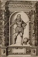 An illustration from Augustissimorum imperatorum, serenissimorum regum, atque archiducum, illustrissimorum principum, necnon comitum, baronum, nobilium, aliorumq[ue] clarissimorum virorum, qui aut ipsi cum imperio bellorum duces fuerunt, aut in iisdem præfecturis insignioribus laudabiliter functi sunt, verissimæ imagines, & rerum ab ipsis domi, forisq[ue] gestarum succinctæ descriptiones. Quorum arma, aut integra, aut horum partes, quibus induti, vsique aduersus hostem heroica facinora patrarunt, aut quorum auspiciis tàm prospera quàm aduersa fortuna res magnæ gestæ sunt, à serenissimo principe Ferdinando, archiduce Austriæ, duce Burgundiæ, comte Habspurgi & Tyrolis &c. ex omnibus ferè orbis terrarum prouinciis partim conquista, partim ab illorum hæredibus & successoribus transmissa, in celebri Ambrosianæ arcis armamentario, à sua serenitate non procul ciutate Oenipontana extructo, conspiciuntur (1601)