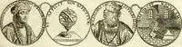 An illustration from Aquila Austriaca, sub qua imperatores Austriaci ab Alberto II honorifico vsquè ad Ferdinandum III & IV Occidentis imperatorem L : elogiis, hieroglyphicis, numismatibus, insignibus, symbolis, imaginibus antiquis ad viuum exhibentur exculpti, & longa historiarum serie exarati : vt nihil relictum sit, quod prisci vel hodierni habeant annales, sed diplomata, leges, indulta, genealogiae, donationes, priuilegia offeruntur congesta : inseruntur et regum principumque imagines, nummi honorarij, castrenses, triumphales, votiui, missiles, &c. qui sanguine, foedere, bello imperatoribus iuncti, occurrunt in opere : subijcitur cuique caesarum appendix symbolica, sacrolegalis, & historicopolitica, in qua symbolis & hieroglyphicis, aere affabrè exculptis, pinguntur, & explanantur (1679)