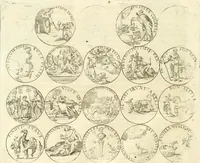 An illustration from Aquila Austriaca, sub qua imperatores Austriaci ab Alberto II honorifico vsquè ad Ferdinandum III & IV Occidentis imperatorem L : elogiis, hieroglyphicis, numismatibus, insignibus, symbolis, imaginibus antiquis ad viuum exhibentur exculpti, & longa historiarum serie exarati : vt nihil relictum sit, quod prisci vel hodierni habeant annales, sed diplomata, leges, indulta, genealogiae, donationes, priuilegia offeruntur congesta : inseruntur et regum principumque imagines, nummi honorarij, castrenses, triumphales, votiui, missiles, &c. qui sanguine, foedere, bello imperatoribus iuncti, occurrunt in opere : subijcitur cuique caesarum appendix symbolica, sacrolegalis, & historicopolitica, in qua symbolis & hieroglyphicis, aere affabrè exculptis, pinguntur, & explanantur (1679)