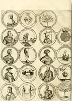 An illustration from Aquila Austriaca, sub qua imperatores Austriaci ab Alberto II honorifico vsquè ad Ferdinandum III & IV Occidentis imperatorem L : elogiis, hieroglyphicis, numismatibus, insignibus, symbolis, imaginibus antiquis ad viuum exhibentur exculpti, & longa historiarum serie exarati : vt nihil relictum sit, quod prisci vel hodierni habeant annales, sed diplomata, leges, indulta, genealogiae, donationes, priuilegia offeruntur congesta : inseruntur et regum principumque imagines, nummi honorarij, castrenses, triumphales, votiui, missiles, &c. qui sanguine, foedere, bello imperatoribus iuncti, occurrunt in opere : subijcitur cuique caesarum appendix symbolica, sacrolegalis, & historicopolitica, in qua symbolis & hieroglyphicis, aere affabrè exculptis, pinguntur, & explanantur (1679)
