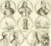 An illustration from Aquila Austriaca, sub qua imperatores Austriaci ab Alberto II honorifico vsquè ad Ferdinandum III & IV Occidentis imperatorem L : elogiis, hieroglyphicis, numismatibus, insignibus, symbolis, imaginibus antiquis ad viuum exhibentur exculpti, & longa historiarum serie exarati : vt nihil relictum sit, quod prisci vel hodierni habeant annales, sed diplomata, leges, indulta, genealogiae, donationes, priuilegia offeruntur congesta : inseruntur et regum principumque imagines, nummi honorarij, castrenses, triumphales, votiui, missiles, &c. qui sanguine, foedere, bello imperatoribus iuncti, occurrunt in opere : subijcitur cuique caesarum appendix symbolica, sacrolegalis, & historicopolitica, in qua symbolis & hieroglyphicis, aere affabrè exculptis, pinguntur, & explanantur (1679)