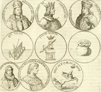 An illustration from Aquila Austriaca, sub qua imperatores Austriaci ab Alberto II honorifico vsquè ad Ferdinandum III & IV Occidentis imperatorem L : elogiis, hieroglyphicis, numismatibus, insignibus, symbolis, imaginibus antiquis ad viuum exhibentur exculpti, & longa historiarum serie exarati : vt nihil relictum sit, quod prisci vel hodierni habeant annales, sed diplomata, leges, indulta, genealogiae, donationes, priuilegia offeruntur congesta : inseruntur et regum principumque imagines, nummi honorarij, castrenses, triumphales, votiui, missiles, &c. qui sanguine, foedere, bello imperatoribus iuncti, occurrunt in opere : subijcitur cuique caesarum appendix symbolica, sacrolegalis, & historicopolitica, in qua symbolis & hieroglyphicis, aere affabrè exculptis, pinguntur, & explanantur (1679)