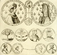 An illustration from Aquila Austriaca, sub qua imperatores Austriaci ab Alberto II honorifico vsquè ad Ferdinandum III & IV Occidentis imperatorem L : elogiis, hieroglyphicis, numismatibus, insignibus, symbolis, imaginibus antiquis ad viuum exhibentur exculpti, & longa historiarum serie exarati : vt nihil relictum sit, quod prisci vel hodierni habeant annales, sed diplomata, leges, indulta, genealogiae, donationes, priuilegia offeruntur congesta : inseruntur et regum principumque imagines, nummi honorarij, castrenses, triumphales, votiui, missiles, &c. qui sanguine, foedere, bello imperatoribus iuncti, occurrunt in opere : subijcitur cuique caesarum appendix symbolica, sacrolegalis, & historicopolitica, in qua symbolis & hieroglyphicis, aere affabrè exculptis, pinguntur, & explanantur (1679)