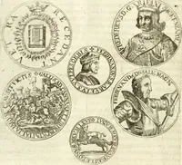 An illustration from Aquila Austriaca, sub qua imperatores Austriaci ab Alberto II honorifico vsquè ad Ferdinandum III & IV Occidentis imperatorem L : elogiis, hieroglyphicis, numismatibus, insignibus, symbolis, imaginibus antiquis ad viuum exhibentur exculpti, & longa historiarum serie exarati : vt nihil relictum sit, quod prisci vel hodierni habeant annales, sed diplomata, leges, indulta, genealogiae, donationes, priuilegia offeruntur congesta : inseruntur et regum principumque imagines, nummi honorarij, castrenses, triumphales, votiui, missiles, &c. qui sanguine, foedere, bello imperatoribus iuncti, occurrunt in opere : subijcitur cuique caesarum appendix symbolica, sacrolegalis, & historicopolitica, in qua symbolis & hieroglyphicis, aere affabrè exculptis, pinguntur, & explanantur (1679)