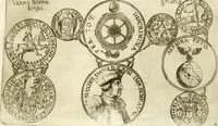 An illustration from Aquila Austriaca, sub qua imperatores Austriaci ab Alberto II honorifico vsquè ad Ferdinandum III & IV Occidentis imperatorem L : elogiis, hieroglyphicis, numismatibus, insignibus, symbolis, imaginibus antiquis ad viuum exhibentur exculpti, & longa historiarum serie exarati : vt nihil relictum sit, quod prisci vel hodierni habeant annales, sed diplomata, leges, indulta, genealogiae, donationes, priuilegia offeruntur congesta : inseruntur et regum principumque imagines, nummi honorarij, castrenses, triumphales, votiui, missiles, &c. qui sanguine, foedere, bello imperatoribus iuncti, occurrunt in opere : subijcitur cuique caesarum appendix symbolica, sacrolegalis, & historicopolitica, in qua symbolis & hieroglyphicis, aere affabrè exculptis, pinguntur, & explanantur (1679)