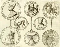 An illustration from Aquila Austriaca, sub qua imperatores Austriaci ab Alberto II honorifico vsquè ad Ferdinandum III & IV Occidentis imperatorem L : elogiis, hieroglyphicis, numismatibus, insignibus, symbolis, imaginibus antiquis ad viuum exhibentur exculpti, & longa historiarum serie exarati : vt nihil relictum sit, quod prisci vel hodierni habeant annales, sed diplomata, leges, indulta, genealogiae, donationes, priuilegia offeruntur congesta : inseruntur et regum principumque imagines, nummi honorarij, castrenses, triumphales, votiui, missiles, &c. qui sanguine, foedere, bello imperatoribus iuncti, occurrunt in opere : subijcitur cuique caesarum appendix symbolica, sacrolegalis, & historicopolitica, in qua symbolis & hieroglyphicis, aere affabrè exculptis, pinguntur, & explanantur (1679)