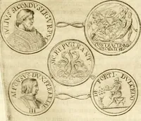 An illustration from Aquila Austriaca, sub qua imperatores Austriaci ab Alberto II honorifico vsquè ad Ferdinandum III & IV Occidentis imperatorem L : elogiis, hieroglyphicis, numismatibus, insignibus, symbolis, imaginibus antiquis ad viuum exhibentur exculpti, & longa historiarum serie exarati : vt nihil relictum sit, quod prisci vel hodierni habeant annales, sed diplomata, leges, indulta, genealogiae, donationes, priuilegia offeruntur congesta : inseruntur et regum principumque imagines, nummi honorarij, castrenses, triumphales, votiui, missiles, &c. qui sanguine, foedere, bello imperatoribus iuncti, occurrunt in opere : subijcitur cuique caesarum appendix symbolica, sacrolegalis, & historicopolitica, in qua symbolis & hieroglyphicis, aere affabrè exculptis, pinguntur, & explanantur (1679)