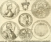 An illustration from Aquila Austriaca, sub qua imperatores Austriaci ab Alberto II honorifico vsquè ad Ferdinandum III & IV Occidentis imperatorem L : elogiis, hieroglyphicis, numismatibus, insignibus, symbolis, imaginibus antiquis ad viuum exhibentur exculpti, & longa historiarum serie exarati : vt nihil relictum sit, quod prisci vel hodierni habeant annales, sed diplomata, leges, indulta, genealogiae, donationes, priuilegia offeruntur congesta : inseruntur et regum principumque imagines, nummi honorarij, castrenses, triumphales, votiui, missiles, &c. qui sanguine, foedere, bello imperatoribus iuncti, occurrunt in opere : subijcitur cuique caesarum appendix symbolica, sacrolegalis, & historicopolitica, in qua symbolis & hieroglyphicis, aere affabrè exculptis, pinguntur, & explanantur (1679)
