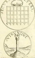 An illustration from Aquila Austriaca, sub qua imperatores Austriaci ab Alberto II honorifico vsquè ad Ferdinandum III & IV Occidentis imperatorem L : elogiis, hieroglyphicis, numismatibus, insignibus, symbolis, imaginibus antiquis ad viuum exhibentur exculpti, & longa historiarum serie exarati : vt nihil relictum sit, quod prisci vel hodierni habeant annales, sed diplomata, leges, indulta, genealogiae, donationes, priuilegia offeruntur congesta : inseruntur et regum principumque imagines, nummi honorarij, castrenses, triumphales, votiui, missiles, &c. qui sanguine, foedere, bello imperatoribus iuncti, occurrunt in opere : subijcitur cuique caesarum appendix symbolica, sacrolegalis, & historicopolitica, in qua symbolis & hieroglyphicis, aere affabrè exculptis, pinguntur, & explanantur (1679)