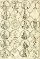 An illustration from Aquila Austriaca, sub qua imperatores Austriaci ab Alberto II honorifico vsquè ad Ferdinandum III & IV Occidentis imperatorem L : elogiis, hieroglyphicis, numismatibus, insignibus, symbolis, imaginibus antiquis ad viuum exhibentur exculpti, & longa historiarum serie exarati : vt nihil relictum sit, quod prisci vel hodierni habeant annales, sed diplomata, leges, indulta, genealogiae, donationes, priuilegia offeruntur congesta : inseruntur et regum principumque imagines, nummi honorarij, castrenses, triumphales, votiui, missiles, &c. qui sanguine, foedere, bello imperatoribus iuncti, occurrunt in opere : subijcitur cuique caesarum appendix symbolica, sacrolegalis, & historicopolitica, in qua symbolis & hieroglyphicis, aere affabrè exculptis, pinguntur, & explanantur (1679)