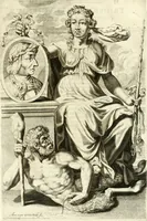 An illustration from Aquila Austriaca, sub qua imperatores Austriaci ab Alberto II honorifico vsquè ad Ferdinandum III & IV Occidentis imperatorem L : elogiis, hieroglyphicis, numismatibus, insignibus, symbolis, imaginibus antiquis ad viuum exhibentur exculpti, & longa historiarum serie exarati : vt nihil relictum sit, quod prisci vel hodierni habeant annales, sed diplomata, leges, indulta, genealogiae, donationes, priuilegia offeruntur congesta : inseruntur et regum principumque imagines, nummi honorarij, castrenses, triumphales, votiui, missiles, &c. qui sanguine, foedere, bello imperatoribus iuncti, occurrunt in opere : subijcitur cuique caesarum appendix symbolica, sacrolegalis, & historicopolitica, in qua symbolis & hieroglyphicis, aere affabrè exculptis, pinguntur, & explanantur (1679)