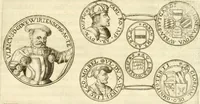 An illustration from Aquila Austriaca, sub qua imperatores Austriaci ab Alberto II honorifico vsquè ad Ferdinandum III & IV Occidentis imperatorem L : elogiis, hieroglyphicis, numismatibus, insignibus, symbolis, imaginibus antiquis ad viuum exhibentur exculpti, & longa historiarum serie exarati : vt nihil relictum sit, quod prisci vel hodierni habeant annales, sed diplomata, leges, indulta, genealogiae, donationes, priuilegia offeruntur congesta : inseruntur et regum principumque imagines, nummi honorarij, castrenses, triumphales, votiui, missiles, &c. qui sanguine, foedere, bello imperatoribus iuncti, occurrunt in opere : subijcitur cuique caesarum appendix symbolica, sacrolegalis, & historicopolitica, in qua symbolis & hieroglyphicis, aere affabrè exculptis, pinguntur, & explanantur (1679)