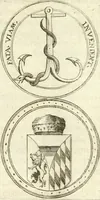 An illustration from Aquila Austriaca, sub qua imperatores Austriaci ab Alberto II honorifico vsquè ad Ferdinandum III & IV Occidentis imperatorem L : elogiis, hieroglyphicis, numismatibus, insignibus, symbolis, imaginibus antiquis ad viuum exhibentur exculpti, & longa historiarum serie exarati : vt nihil relictum sit, quod prisci vel hodierni habeant annales, sed diplomata, leges, indulta, genealogiae, donationes, priuilegia offeruntur congesta : inseruntur et regum principumque imagines, nummi honorarij, castrenses, triumphales, votiui, missiles, &c. qui sanguine, foedere, bello imperatoribus iuncti, occurrunt in opere : subijcitur cuique caesarum appendix symbolica, sacrolegalis, & historicopolitica, in qua symbolis & hieroglyphicis, aere affabrè exculptis, pinguntur, & explanantur (1679)