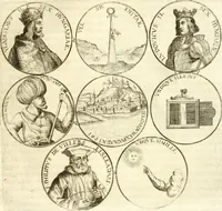 An illustration from Aquila Austriaca, sub qua imperatores Austriaci ab Alberto II honorifico vsquè ad Ferdinandum III & IV Occidentis imperatorem L : elogiis, hieroglyphicis, numismatibus, insignibus, symbolis, imaginibus antiquis ad viuum exhibentur exculpti, & longa historiarum serie exarati : vt nihil relictum sit, quod prisci vel hodierni habeant annales, sed diplomata, leges, indulta, genealogiae, donationes, priuilegia offeruntur congesta : inseruntur et regum principumque imagines, nummi honorarij, castrenses, triumphales, votiui, missiles, &c. qui sanguine, foedere, bello imperatoribus iuncti, occurrunt in opere : subijcitur cuique caesarum appendix symbolica, sacrolegalis, & historicopolitica, in qua symbolis & hieroglyphicis, aere affabrè exculptis, pinguntur, & explanantur (1679)