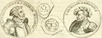 An illustration from Aquila Austriaca, sub qua imperatores Austriaci ab Alberto II honorifico vsquè ad Ferdinandum III & IV Occidentis imperatorem L : elogiis, hieroglyphicis, numismatibus, insignibus, symbolis, imaginibus antiquis ad viuum exhibentur exculpti, & longa historiarum serie exarati : vt nihil relictum sit, quod prisci vel hodierni habeant annales, sed diplomata, leges, indulta, genealogiae, donationes, priuilegia offeruntur congesta : inseruntur et regum principumque imagines, nummi honorarij, castrenses, triumphales, votiui, missiles, &c. qui sanguine, foedere, bello imperatoribus iuncti, occurrunt in opere : subijcitur cuique caesarum appendix symbolica, sacrolegalis, & historicopolitica, in qua symbolis & hieroglyphicis, aere affabrè exculptis, pinguntur, & explanantur (1679)