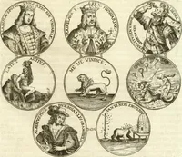 An illustration from Aquila Austriaca, sub qua imperatores Austriaci ab Alberto II honorifico vsquè ad Ferdinandum III & IV Occidentis imperatorem L : elogiis, hieroglyphicis, numismatibus, insignibus, symbolis, imaginibus antiquis ad viuum exhibentur exculpti, & longa historiarum serie exarati : vt nihil relictum sit, quod prisci vel hodierni habeant annales, sed diplomata, leges, indulta, genealogiae, donationes, priuilegia offeruntur congesta : inseruntur et regum principumque imagines, nummi honorarij, castrenses, triumphales, votiui, missiles, &c. qui sanguine, foedere, bello imperatoribus iuncti, occurrunt in opere : subijcitur cuique caesarum appendix symbolica, sacrolegalis, & historicopolitica, in qua symbolis & hieroglyphicis, aere affabrè exculptis, pinguntur, & explanantur (1679)
