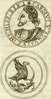 Picture 47 of 75 from Aquila Austriaca, sub qua imperatores Austriaci ab Alberto II honorifico vsquè ad Ferdinandum III & IV Occidentis imperatorem L : elogiis, hieroglyphicis, numismatibus, insignibus, symbolis, imaginibus antiquis ad viuum exhibentur exculpti, & longa historiarum serie exarati : vt nihil relictum sit, quod prisci vel hodierni habeant annales, sed diplomata, leges, indulta, genealogiae, donationes, priuilegia offeruntur congesta : inseruntur et regum principumque imagines, nummi honorarij, castrenses, triumphales, votiui, missiles, &c. qui sanguine, foedere, bello imperatoribus iuncti, occurrunt in opere : subijcitur cuique caesarum appendix symbolica, sacrolegalis, & historicopolitica, in qua symbolis & hieroglyphicis, aere affabrè exculptis, pinguntur, & explanantur (1679), leaf 447