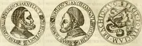 An illustration from Aquila Austriaca, sub qua imperatores Austriaci ab Alberto II honorifico vsquè ad Ferdinandum III & IV Occidentis imperatorem L : elogiis, hieroglyphicis, numismatibus, insignibus, symbolis, imaginibus antiquis ad viuum exhibentur exculpti, & longa historiarum serie exarati : vt nihil relictum sit, quod prisci vel hodierni habeant annales, sed diplomata, leges, indulta, genealogiae, donationes, priuilegia offeruntur congesta : inseruntur et regum principumque imagines, nummi honorarij, castrenses, triumphales, votiui, missiles, &c. qui sanguine, foedere, bello imperatoribus iuncti, occurrunt in opere : subijcitur cuique caesarum appendix symbolica, sacrolegalis, & historicopolitica, in qua symbolis & hieroglyphicis, aere affabrè exculptis, pinguntur, & explanantur (1679)