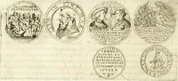 An illustration from Aquila Austriaca, sub qua imperatores Austriaci ab Alberto II honorifico vsquè ad Ferdinandum III & IV Occidentis imperatorem L : elogiis, hieroglyphicis, numismatibus, insignibus, symbolis, imaginibus antiquis ad viuum exhibentur exculpti, & longa historiarum serie exarati : vt nihil relictum sit, quod prisci vel hodierni habeant annales, sed diplomata, leges, indulta, genealogiae, donationes, priuilegia offeruntur congesta : inseruntur et regum principumque imagines, nummi honorarij, castrenses, triumphales, votiui, missiles, &c. qui sanguine, foedere, bello imperatoribus iuncti, occurrunt in opere : subijcitur cuique caesarum appendix symbolica, sacrolegalis, & historicopolitica, in qua symbolis & hieroglyphicis, aere affabrè exculptis, pinguntur, & explanantur (1679)
