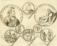An illustration from Aquila Austriaca, sub qua imperatores Austriaci ab Alberto II honorifico vsquè ad Ferdinandum III & IV Occidentis imperatorem L : elogiis, hieroglyphicis, numismatibus, insignibus, symbolis, imaginibus antiquis ad viuum exhibentur exculpti, & longa historiarum serie exarati : vt nihil relictum sit, quod prisci vel hodierni habeant annales, sed diplomata, leges, indulta, genealogiae, donationes, priuilegia offeruntur congesta : inseruntur et regum principumque imagines, nummi honorarij, castrenses, triumphales, votiui, missiles, &c. qui sanguine, foedere, bello imperatoribus iuncti, occurrunt in opere : subijcitur cuique caesarum appendix symbolica, sacrolegalis, & historicopolitica, in qua symbolis & hieroglyphicis, aere affabrè exculptis, pinguntur, & explanantur (1679)