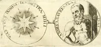 An illustration from Aquila Austriaca, sub qua imperatores Austriaci ab Alberto II honorifico vsquè ad Ferdinandum III & IV Occidentis imperatorem L : elogiis, hieroglyphicis, numismatibus, insignibus, symbolis, imaginibus antiquis ad viuum exhibentur exculpti, & longa historiarum serie exarati : vt nihil relictum sit, quod prisci vel hodierni habeant annales, sed diplomata, leges, indulta, genealogiae, donationes, priuilegia offeruntur congesta : inseruntur et regum principumque imagines, nummi honorarij, castrenses, triumphales, votiui, missiles, &c. qui sanguine, foedere, bello imperatoribus iuncti, occurrunt in opere : subijcitur cuique caesarum appendix symbolica, sacrolegalis, & historicopolitica, in qua symbolis & hieroglyphicis, aere affabrè exculptis, pinguntur, & explanantur (1679)
