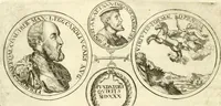 An illustration from Aquila Austriaca, sub qua imperatores Austriaci ab Alberto II honorifico vsquè ad Ferdinandum III & IV Occidentis imperatorem L : elogiis, hieroglyphicis, numismatibus, insignibus, symbolis, imaginibus antiquis ad viuum exhibentur exculpti, & longa historiarum serie exarati : vt nihil relictum sit, quod prisci vel hodierni habeant annales, sed diplomata, leges, indulta, genealogiae, donationes, priuilegia offeruntur congesta : inseruntur et regum principumque imagines, nummi honorarij, castrenses, triumphales, votiui, missiles, &c. qui sanguine, foedere, bello imperatoribus iuncti, occurrunt in opere : subijcitur cuique caesarum appendix symbolica, sacrolegalis, & historicopolitica, in qua symbolis & hieroglyphicis, aere affabrè exculptis, pinguntur, & explanantur (1679)