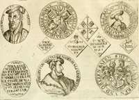 An illustration from Aquila Austriaca, sub qua imperatores Austriaci ab Alberto II honorifico vsquè ad Ferdinandum III & IV Occidentis imperatorem L : elogiis, hieroglyphicis, numismatibus, insignibus, symbolis, imaginibus antiquis ad viuum exhibentur exculpti, & longa historiarum serie exarati : vt nihil relictum sit, quod prisci vel hodierni habeant annales, sed diplomata, leges, indulta, genealogiae, donationes, priuilegia offeruntur congesta : inseruntur et regum principumque imagines, nummi honorarij, castrenses, triumphales, votiui, missiles, &c. qui sanguine, foedere, bello imperatoribus iuncti, occurrunt in opere : subijcitur cuique caesarum appendix symbolica, sacrolegalis, & historicopolitica, in qua symbolis & hieroglyphicis, aere affabrè exculptis, pinguntur, & explanantur (1679)