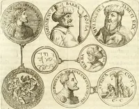 An illustration from Aquila Austriaca, sub qua imperatores Austriaci ab Alberto II honorifico vsquè ad Ferdinandum III & IV Occidentis imperatorem L : elogiis, hieroglyphicis, numismatibus, insignibus, symbolis, imaginibus antiquis ad viuum exhibentur exculpti, & longa historiarum serie exarati : vt nihil relictum sit, quod prisci vel hodierni habeant annales, sed diplomata, leges, indulta, genealogiae, donationes, priuilegia offeruntur congesta : inseruntur et regum principumque imagines, nummi honorarij, castrenses, triumphales, votiui, missiles, &c. qui sanguine, foedere, bello imperatoribus iuncti, occurrunt in opere : subijcitur cuique caesarum appendix symbolica, sacrolegalis, & historicopolitica, in qua symbolis & hieroglyphicis, aere affabrè exculptis, pinguntur, & explanantur (1679)