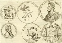 An illustration from Aquila Austriaca, sub qua imperatores Austriaci ab Alberto II honorifico vsquè ad Ferdinandum III & IV Occidentis imperatorem L : elogiis, hieroglyphicis, numismatibus, insignibus, symbolis, imaginibus antiquis ad viuum exhibentur exculpti, & longa historiarum serie exarati : vt nihil relictum sit, quod prisci vel hodierni habeant annales, sed diplomata, leges, indulta, genealogiae, donationes, priuilegia offeruntur congesta : inseruntur et regum principumque imagines, nummi honorarij, castrenses, triumphales, votiui, missiles, &c. qui sanguine, foedere, bello imperatoribus iuncti, occurrunt in opere : subijcitur cuique caesarum appendix symbolica, sacrolegalis, & historicopolitica, in qua symbolis & hieroglyphicis, aere affabrè exculptis, pinguntur, & explanantur (1679)