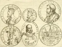 An illustration from Aquila Austriaca, sub qua imperatores Austriaci ab Alberto II honorifico vsquè ad Ferdinandum III & IV Occidentis imperatorem L : elogiis, hieroglyphicis, numismatibus, insignibus, symbolis, imaginibus antiquis ad viuum exhibentur exculpti, & longa historiarum serie exarati : vt nihil relictum sit, quod prisci vel hodierni habeant annales, sed diplomata, leges, indulta, genealogiae, donationes, priuilegia offeruntur congesta : inseruntur et regum principumque imagines, nummi honorarij, castrenses, triumphales, votiui, missiles, &c. qui sanguine, foedere, bello imperatoribus iuncti, occurrunt in opere : subijcitur cuique caesarum appendix symbolica, sacrolegalis, & historicopolitica, in qua symbolis & hieroglyphicis, aere affabrè exculptis, pinguntur, & explanantur (1679)