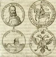 An illustration from Aquila Austriaca, sub qua imperatores Austriaci ab Alberto II honorifico vsquè ad Ferdinandum III & IV Occidentis imperatorem L : elogiis, hieroglyphicis, numismatibus, insignibus, symbolis, imaginibus antiquis ad viuum exhibentur exculpti, & longa historiarum serie exarati : vt nihil relictum sit, quod prisci vel hodierni habeant annales, sed diplomata, leges, indulta, genealogiae, donationes, priuilegia offeruntur congesta : inseruntur et regum principumque imagines, nummi honorarij, castrenses, triumphales, votiui, missiles, &c. qui sanguine, foedere, bello imperatoribus iuncti, occurrunt in opere : subijcitur cuique caesarum appendix symbolica, sacrolegalis, & historicopolitica, in qua symbolis & hieroglyphicis, aere affabrè exculptis, pinguntur, & explanantur (1679)