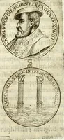 An illustration from Aquila Austriaca, sub qua imperatores Austriaci ab Alberto II honorifico vsquè ad Ferdinandum III & IV Occidentis imperatorem L : elogiis, hieroglyphicis, numismatibus, insignibus, symbolis, imaginibus antiquis ad viuum exhibentur exculpti, & longa historiarum serie exarati : vt nihil relictum sit, quod prisci vel hodierni habeant annales, sed diplomata, leges, indulta, genealogiae, donationes, priuilegia offeruntur congesta : inseruntur et regum principumque imagines, nummi honorarij, castrenses, triumphales, votiui, missiles, &c. qui sanguine, foedere, bello imperatoribus iuncti, occurrunt in opere : subijcitur cuique caesarum appendix symbolica, sacrolegalis, & historicopolitica, in qua symbolis & hieroglyphicis, aere affabrè exculptis, pinguntur, & explanantur (1679)