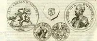 An illustration from Aquila Austriaca, sub qua imperatores Austriaci ab Alberto II honorifico vsquè ad Ferdinandum III & IV Occidentis imperatorem L : elogiis, hieroglyphicis, numismatibus, insignibus, symbolis, imaginibus antiquis ad viuum exhibentur exculpti, & longa historiarum serie exarati : vt nihil relictum sit, quod prisci vel hodierni habeant annales, sed diplomata, leges, indulta, genealogiae, donationes, priuilegia offeruntur congesta : inseruntur et regum principumque imagines, nummi honorarij, castrenses, triumphales, votiui, missiles, &c. qui sanguine, foedere, bello imperatoribus iuncti, occurrunt in opere : subijcitur cuique caesarum appendix symbolica, sacrolegalis, & historicopolitica, in qua symbolis & hieroglyphicis, aere affabrè exculptis, pinguntur, & explanantur (1679)