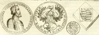 An illustration from Aquila Austriaca, sub qua imperatores Austriaci ab Alberto II honorifico vsquè ad Ferdinandum III & IV Occidentis imperatorem L : elogiis, hieroglyphicis, numismatibus, insignibus, symbolis, imaginibus antiquis ad viuum exhibentur exculpti, & longa historiarum serie exarati : vt nihil relictum sit, quod prisci vel hodierni habeant annales, sed diplomata, leges, indulta, genealogiae, donationes, priuilegia offeruntur congesta : inseruntur et regum principumque imagines, nummi honorarij, castrenses, triumphales, votiui, missiles, &c. qui sanguine, foedere, bello imperatoribus iuncti, occurrunt in opere : subijcitur cuique caesarum appendix symbolica, sacrolegalis, & historicopolitica, in qua symbolis & hieroglyphicis, aere affabrè exculptis, pinguntur, & explanantur (1679)