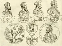 An illustration from Aquila Austriaca, sub qua imperatores Austriaci ab Alberto II honorifico vsquè ad Ferdinandum III & IV Occidentis imperatorem L : elogiis, hieroglyphicis, numismatibus, insignibus, symbolis, imaginibus antiquis ad viuum exhibentur exculpti, & longa historiarum serie exarati : vt nihil relictum sit, quod prisci vel hodierni habeant annales, sed diplomata, leges, indulta, genealogiae, donationes, priuilegia offeruntur congesta : inseruntur et regum principumque imagines, nummi honorarij, castrenses, triumphales, votiui, missiles, &c. qui sanguine, foedere, bello imperatoribus iuncti, occurrunt in opere : subijcitur cuique caesarum appendix symbolica, sacrolegalis, & historicopolitica, in qua symbolis & hieroglyphicis, aere affabrè exculptis, pinguntur, & explanantur (1679)