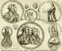An illustration from Aquila Austriaca, sub qua imperatores Austriaci ab Alberto II honorifico vsquè ad Ferdinandum III & IV Occidentis imperatorem L : elogiis, hieroglyphicis, numismatibus, insignibus, symbolis, imaginibus antiquis ad viuum exhibentur exculpti, & longa historiarum serie exarati : vt nihil relictum sit, quod prisci vel hodierni habeant annales, sed diplomata, leges, indulta, genealogiae, donationes, priuilegia offeruntur congesta : inseruntur et regum principumque imagines, nummi honorarij, castrenses, triumphales, votiui, missiles, &c. qui sanguine, foedere, bello imperatoribus iuncti, occurrunt in opere : subijcitur cuique caesarum appendix symbolica, sacrolegalis, & historicopolitica, in qua symbolis & hieroglyphicis, aere affabrè exculptis, pinguntur, & explanantur (1679)