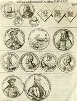 An illustration from Aquila Austriaca, sub qua imperatores Austriaci ab Alberto II honorifico vsquè ad Ferdinandum III & IV Occidentis imperatorem L : elogiis, hieroglyphicis, numismatibus, insignibus, symbolis, imaginibus antiquis ad viuum exhibentur exculpti, & longa historiarum serie exarati : vt nihil relictum sit, quod prisci vel hodierni habeant annales, sed diplomata, leges, indulta, genealogiae, donationes, priuilegia offeruntur congesta : inseruntur et regum principumque imagines, nummi honorarij, castrenses, triumphales, votiui, missiles, &c. qui sanguine, foedere, bello imperatoribus iuncti, occurrunt in opere : subijcitur cuique caesarum appendix symbolica, sacrolegalis, & historicopolitica, in qua symbolis & hieroglyphicis, aere affabrè exculptis, pinguntur, & explanantur (1679)