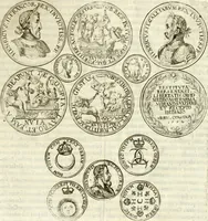 An illustration from Aquila Austriaca, sub qua imperatores Austriaci ab Alberto II honorifico vsquè ad Ferdinandum III & IV Occidentis imperatorem L : elogiis, hieroglyphicis, numismatibus, insignibus, symbolis, imaginibus antiquis ad viuum exhibentur exculpti, & longa historiarum serie exarati : vt nihil relictum sit, quod prisci vel hodierni habeant annales, sed diplomata, leges, indulta, genealogiae, donationes, priuilegia offeruntur congesta : inseruntur et regum principumque imagines, nummi honorarij, castrenses, triumphales, votiui, missiles, &c. qui sanguine, foedere, bello imperatoribus iuncti, occurrunt in opere : subijcitur cuique caesarum appendix symbolica, sacrolegalis, & historicopolitica, in qua symbolis & hieroglyphicis, aere affabrè exculptis, pinguntur, & explanantur (1679)