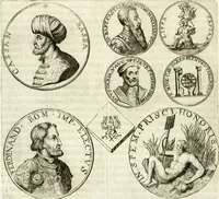 An illustration from Aquila Austriaca, sub qua imperatores Austriaci ab Alberto II honorifico vsquè ad Ferdinandum III & IV Occidentis imperatorem L : elogiis, hieroglyphicis, numismatibus, insignibus, symbolis, imaginibus antiquis ad viuum exhibentur exculpti, & longa historiarum serie exarati : vt nihil relictum sit, quod prisci vel hodierni habeant annales, sed diplomata, leges, indulta, genealogiae, donationes, priuilegia offeruntur congesta : inseruntur et regum principumque imagines, nummi honorarij, castrenses, triumphales, votiui, missiles, &c. qui sanguine, foedere, bello imperatoribus iuncti, occurrunt in opere : subijcitur cuique caesarum appendix symbolica, sacrolegalis, & historicopolitica, in qua symbolis & hieroglyphicis, aere affabrè exculptis, pinguntur, & explanantur (1679)