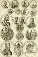 An illustration from Aquila Austriaca, sub qua imperatores Austriaci ab Alberto II honorifico vsquè ad Ferdinandum III & IV Occidentis imperatorem L : elogiis, hieroglyphicis, numismatibus, insignibus, symbolis, imaginibus antiquis ad viuum exhibentur exculpti, & longa historiarum serie exarati : vt nihil relictum sit, quod prisci vel hodierni habeant annales, sed diplomata, leges, indulta, genealogiae, donationes, priuilegia offeruntur congesta : inseruntur et regum principumque imagines, nummi honorarij, castrenses, triumphales, votiui, missiles, &c. qui sanguine, foedere, bello imperatoribus iuncti, occurrunt in opere : subijcitur cuique caesarum appendix symbolica, sacrolegalis, & historicopolitica, in qua symbolis & hieroglyphicis, aere affabrè exculptis, pinguntur, & explanantur (1679)