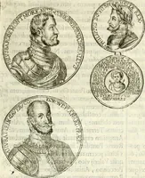 An illustration from Aquila Austriaca, sub qua imperatores Austriaci ab Alberto II honorifico vsquè ad Ferdinandum III & IV Occidentis imperatorem L : elogiis, hieroglyphicis, numismatibus, insignibus, symbolis, imaginibus antiquis ad viuum exhibentur exculpti, & longa historiarum serie exarati : vt nihil relictum sit, quod prisci vel hodierni habeant annales, sed diplomata, leges, indulta, genealogiae, donationes, priuilegia offeruntur congesta : inseruntur et regum principumque imagines, nummi honorarij, castrenses, triumphales, votiui, missiles, &c. qui sanguine, foedere, bello imperatoribus iuncti, occurrunt in opere : subijcitur cuique caesarum appendix symbolica, sacrolegalis, & historicopolitica, in qua symbolis & hieroglyphicis, aere affabrè exculptis, pinguntur, & explanantur (1679)