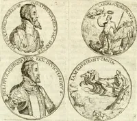 An illustration from Aquila Austriaca, sub qua imperatores Austriaci ab Alberto II honorifico vsquè ad Ferdinandum III & IV Occidentis imperatorem L : elogiis, hieroglyphicis, numismatibus, insignibus, symbolis, imaginibus antiquis ad viuum exhibentur exculpti, & longa historiarum serie exarati : vt nihil relictum sit, quod prisci vel hodierni habeant annales, sed diplomata, leges, indulta, genealogiae, donationes, priuilegia offeruntur congesta : inseruntur et regum principumque imagines, nummi honorarij, castrenses, triumphales, votiui, missiles, &c. qui sanguine, foedere, bello imperatoribus iuncti, occurrunt in opere : subijcitur cuique caesarum appendix symbolica, sacrolegalis, & historicopolitica, in qua symbolis & hieroglyphicis, aere affabrè exculptis, pinguntur, & explanantur (1679)