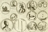 An illustration from Aquila Austriaca, sub qua imperatores Austriaci ab Alberto II honorifico vsquè ad Ferdinandum III & IV Occidentis imperatorem L : elogiis, hieroglyphicis, numismatibus, insignibus, symbolis, imaginibus antiquis ad viuum exhibentur exculpti, & longa historiarum serie exarati : vt nihil relictum sit, quod prisci vel hodierni habeant annales, sed diplomata, leges, indulta, genealogiae, donationes, priuilegia offeruntur congesta : inseruntur et regum principumque imagines, nummi honorarij, castrenses, triumphales, votiui, missiles, &c. qui sanguine, foedere, bello imperatoribus iuncti, occurrunt in opere : subijcitur cuique caesarum appendix symbolica, sacrolegalis, & historicopolitica, in qua symbolis & hieroglyphicis, aere affabrè exculptis, pinguntur, & explanantur (1679)